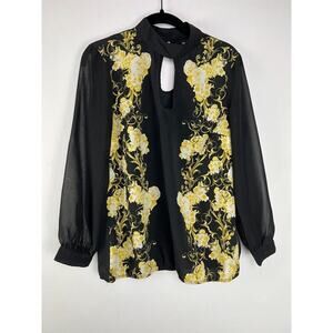 Womens Black & Yellow Floral Long Sleeve Blouse By 7th Avenue Design Studio